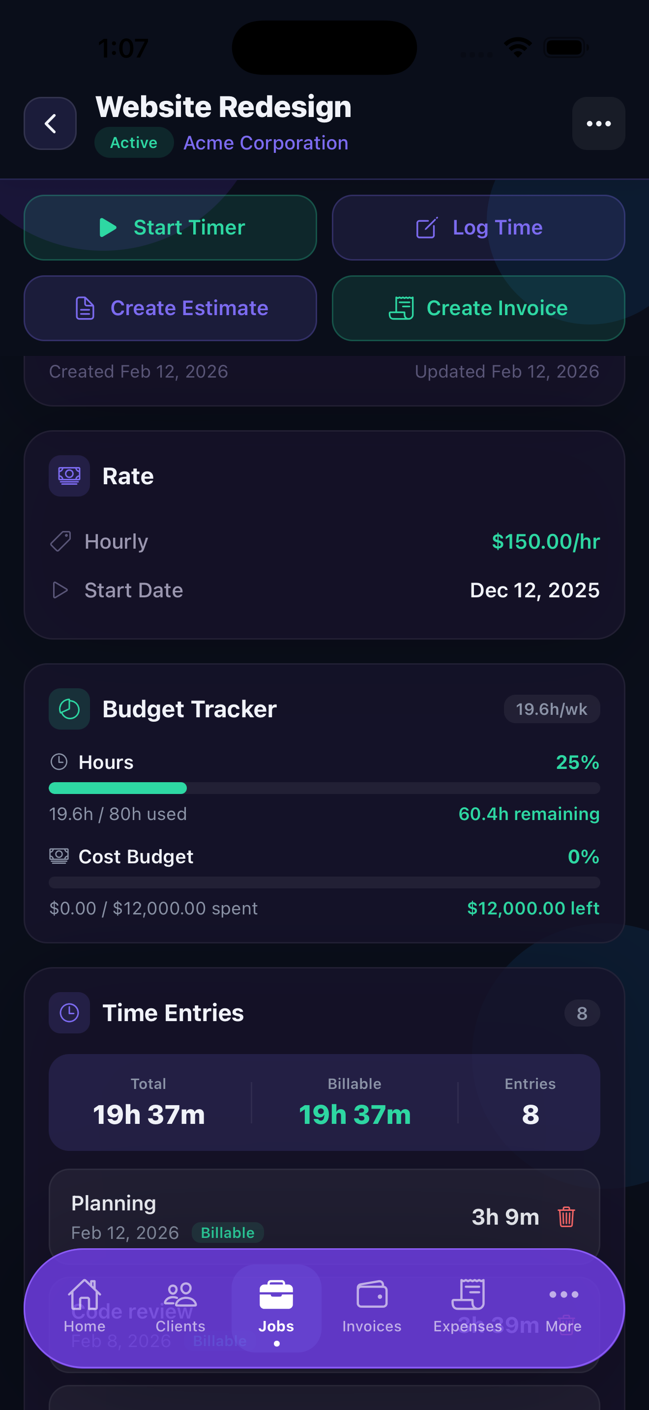 Stintly job detail showing materials section