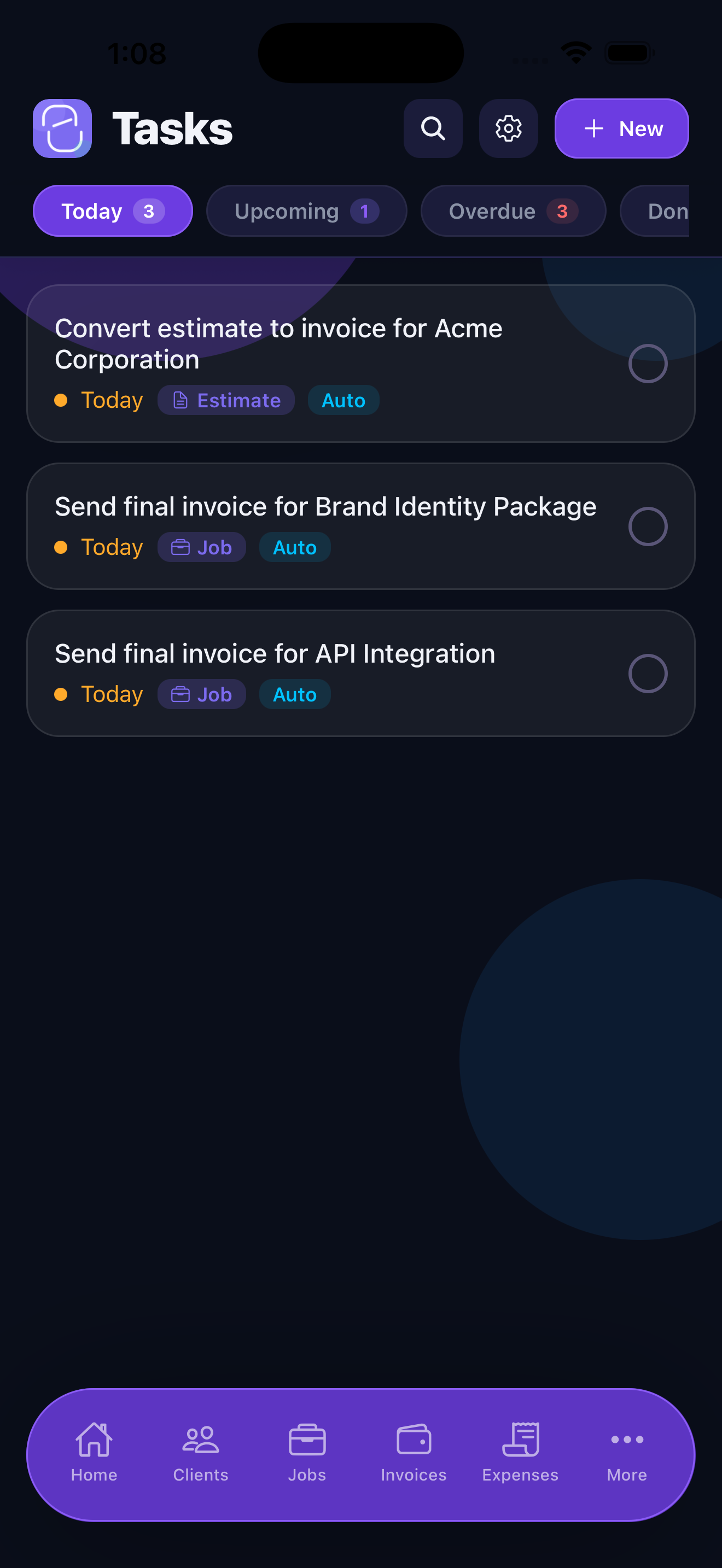 Tasks view showing task list with priorities and due dates