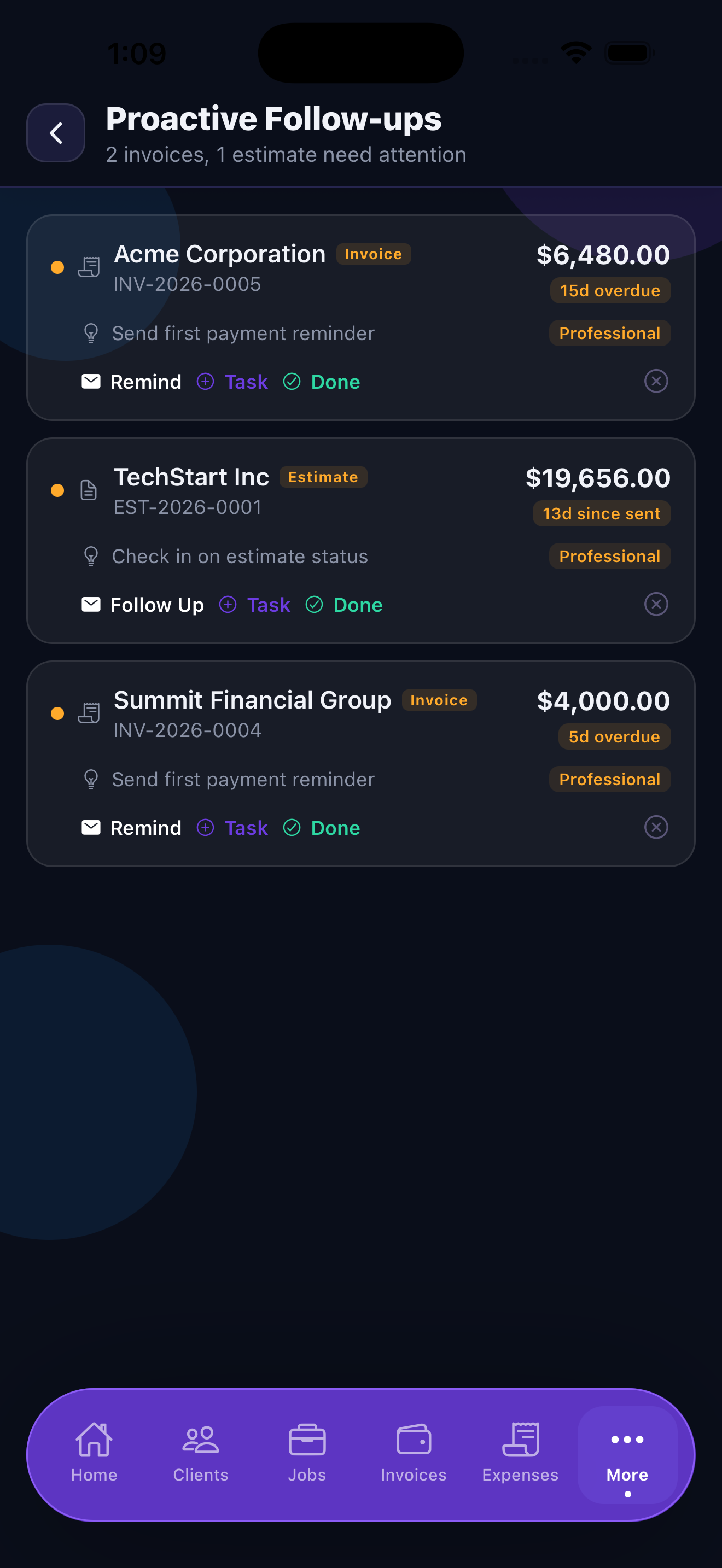 Follow-ups view showing AI-powered reminders for overdue invoices and inactive clients