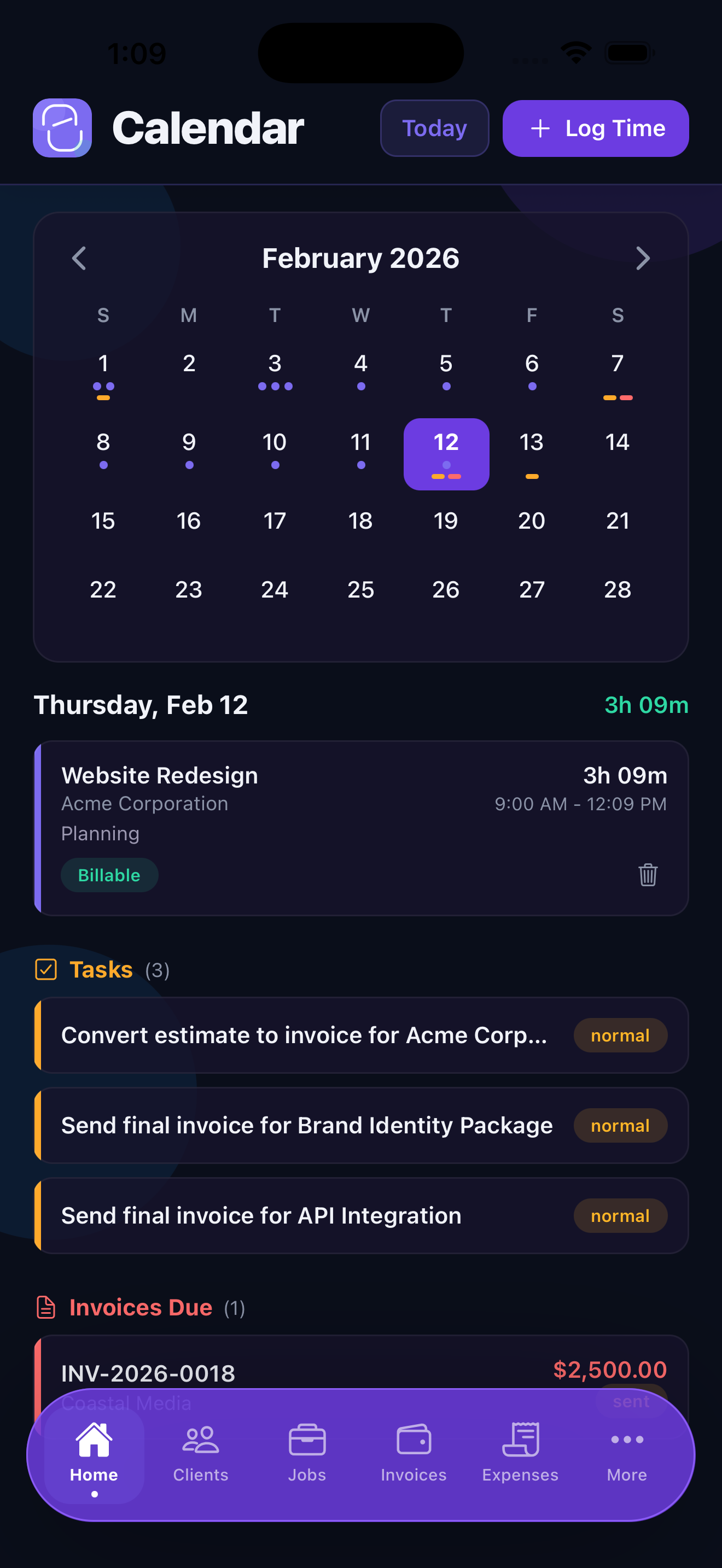 Calendar view showing tasks, invoice due dates, and job deadlines in one timeline